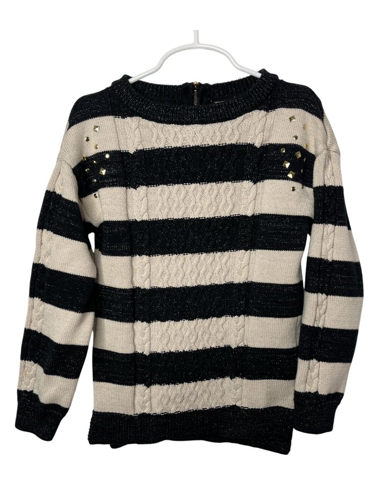 Mayoral Girls Size 8 Black Tan Metallic Stripe Knit Sweater Stud Detail
